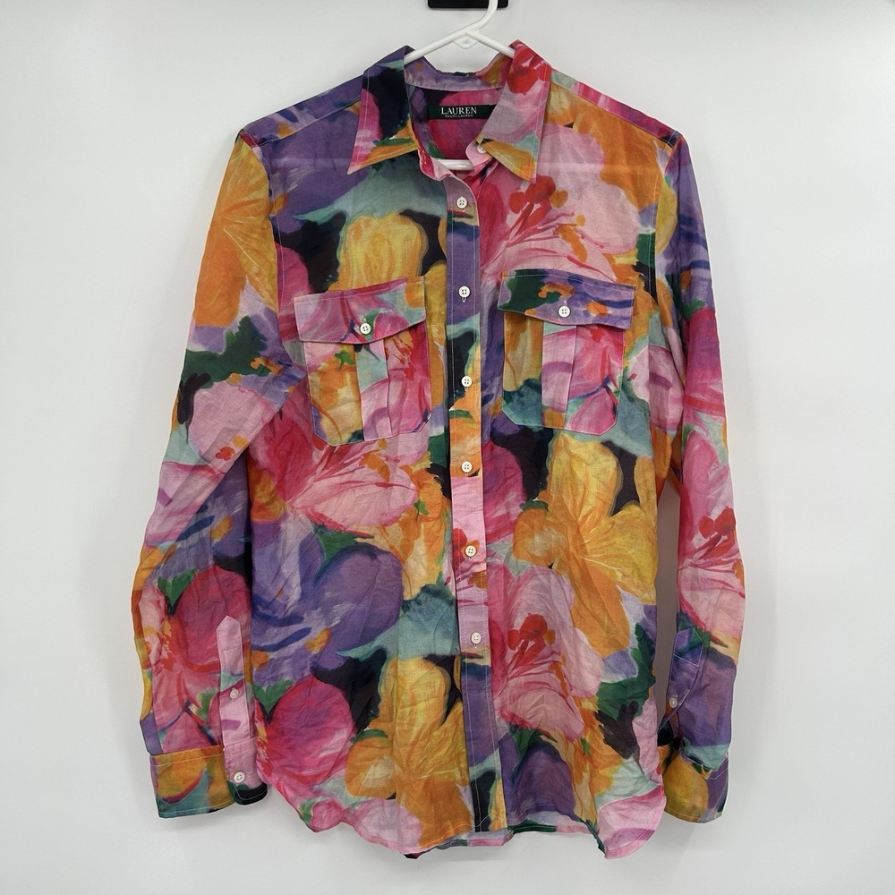Lauren Ralph Lauren Floral Silk Cotton Button Down Top Sz M Bloomcore Colorful